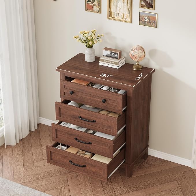 GarveeHome 4 Dresser for Bedroom, 34.8 in Tall Vertical Drawer Dresser with Large Storage, Freestanding Wooden Closet Chest for Bedroom, Living Room, Walunt