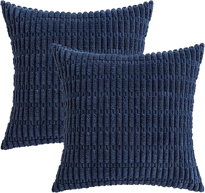 MIULEE Euro Sham Corduroy Decorative Throw Pillow Covers 24x24 Navy Blue | Pack of 2 Soft Boho Striped Pillow Covers Modern Farmhouse Coastal Home Decor For Sofa Living Room Couch Bed