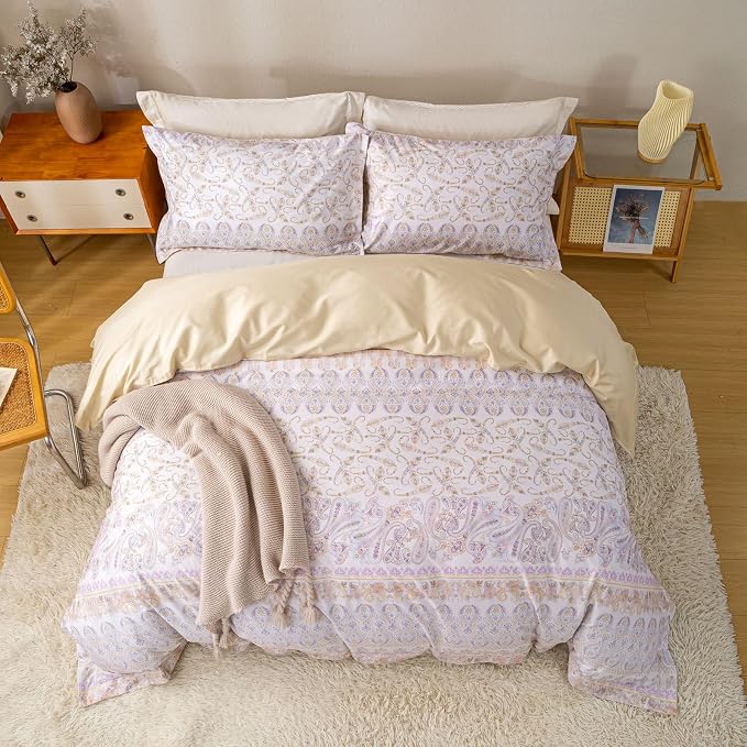 OAITE King Floral Pattern Duvet Cover Set Unique Design 3pcs 100% Cotton | Exquisite Stitched Hem, Breathable,Soft,Dual Zipper,8 Corner Ties,Easy Care for All Season