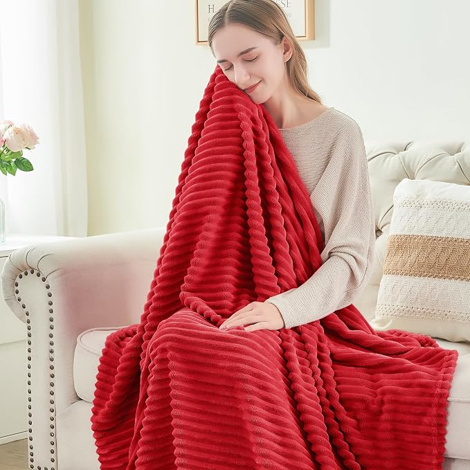 BEDELITE 3D Ribbed Jacquard Red Fleece Twin Blanket for Couch, 60x80 Inch | Soft Warm Fluffy Throw Blanket for Bed Sofa College Dorm Room Decor, Luxury Cozy Plush Gifts for Women Girls, Lightweight