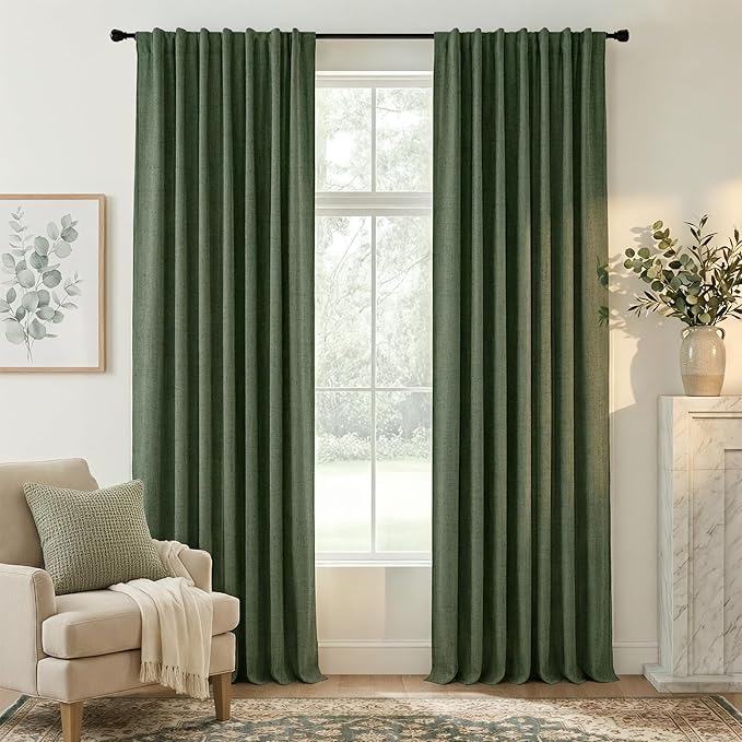 RYB HOME Olive Green 100% Blackout Linen Curtains 84 Inch Long for Office | Luxury Thermal Insulated Room Darkening Back Tab Rod Pocket,for Living Room Bedroom Sliding Doors Dining,W52 x L84,2 Panels