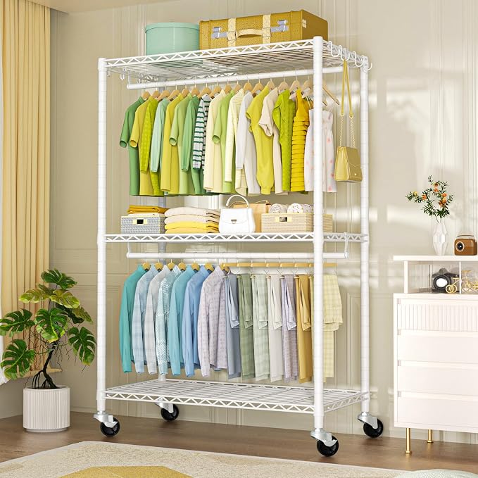 FUTASSI Rolling Clothes Rack, Clothing Racks for Hanging Clothes, White | P3 Plus Heavy Duty Garment Rack with Wheels, Freestanding Portable Closet Racks 45" W x 14" D x 78.5" H, Max Load 480 LBS