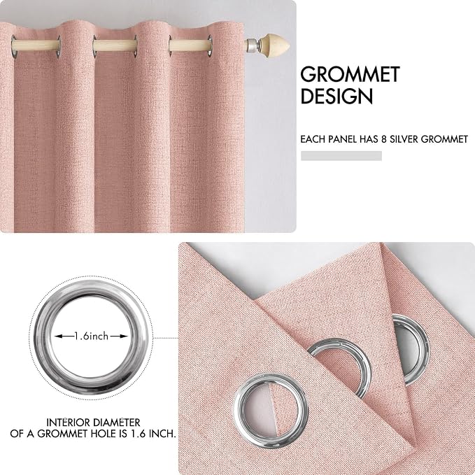 MIULEE 100% Blackout Linen Curtains for Bedroom 52x84 Inches Blush Pink | Room Darkening, Light Blocking, Thermal Insulated, Grommet Top, Linen Textured, Window Curtains for Living Room, 2 Panels