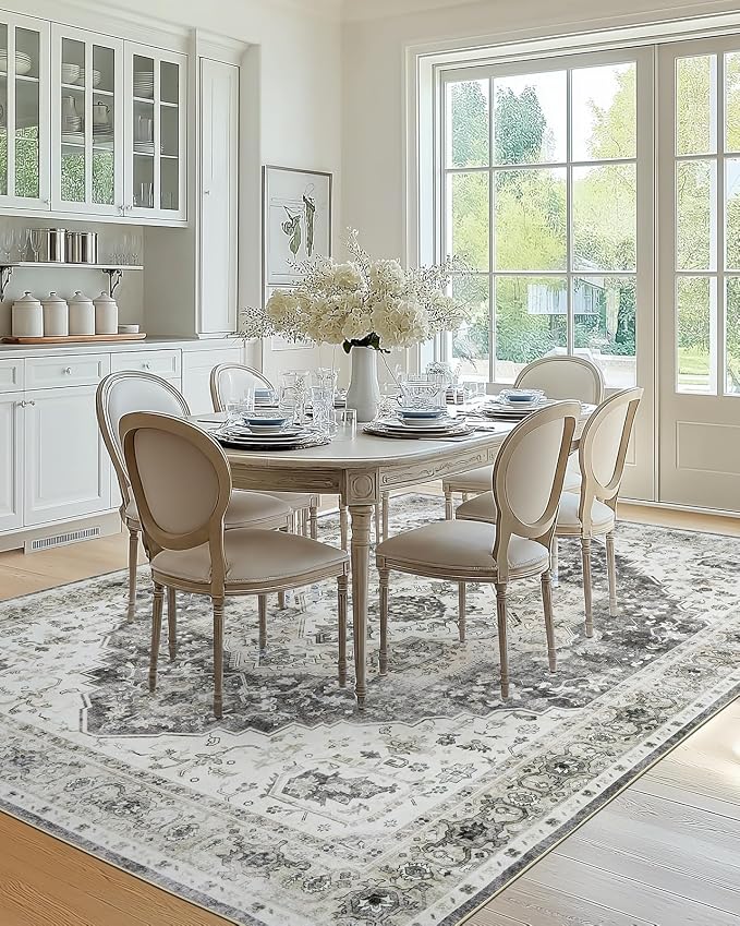 AMADA HOMEFURNISHING 9x12 Area Rug, Washable Low-Profile Large Area Rug with Non-Slip Backing & Durable Edge Binding, Vintage Large Rugs for Living Room, Bedroom