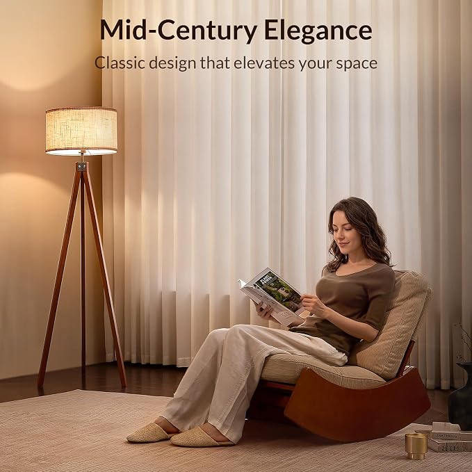 LEPOWER Tripod Floor Lamp Mid Century Modern Standing Lamps for Living Room | Light-Diffusing Linen Shade, Premium Rubberwood Tripod with E26 Base, Adding Warmth to Bedroom, Office & Study Corner Brown