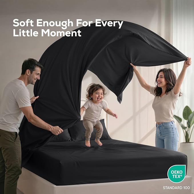 Queen Sheets Set, 4 Pieces 16" Deep Pocket Hotel Luxury Bed Sheets, Black | Extra Soft Bedsheet Set, Comfy & Breathable Cooling Sheets, Wrinkle & Fade Resistant, Fitted Sheet, Flat Sheet, 2 Pillowcases