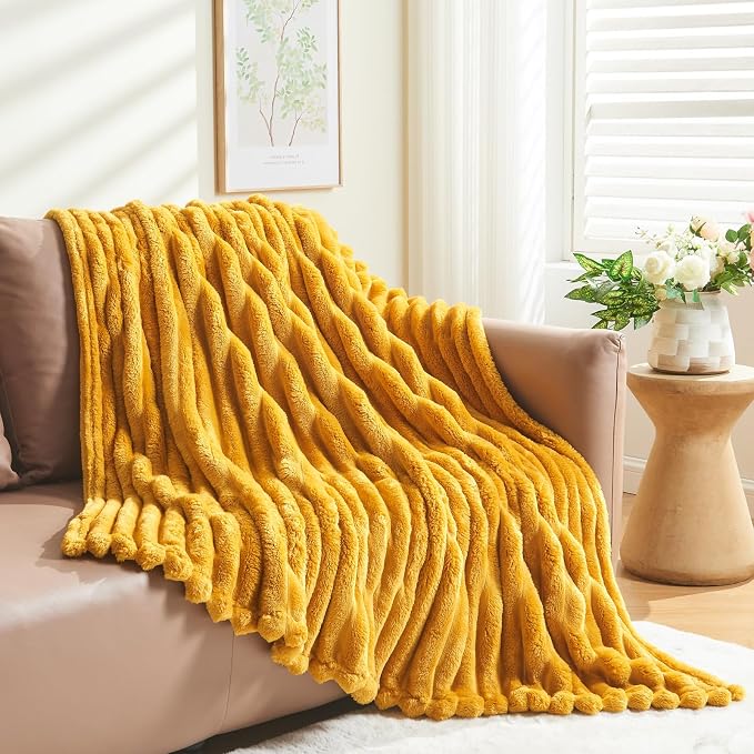 NEWCOSPLAY Fleece Ribbed Cozy Throw Blanket for Couch, Yellow, 50"x60" | Premium Silky Flannel Blanket, Soft Lightweight Fluffy Throw Blanket for Bed Sofa Decor, Gift for All Season Use