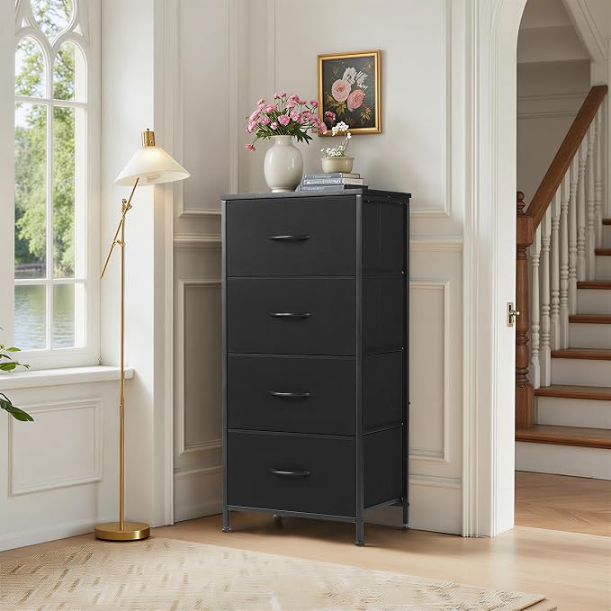 4 Drawers Dresser for Bedroom Fabric Storage Tower with Wooden Top | Steel Frame Tall Chest of Drawers for Closet, Entryway, Dorm, Black