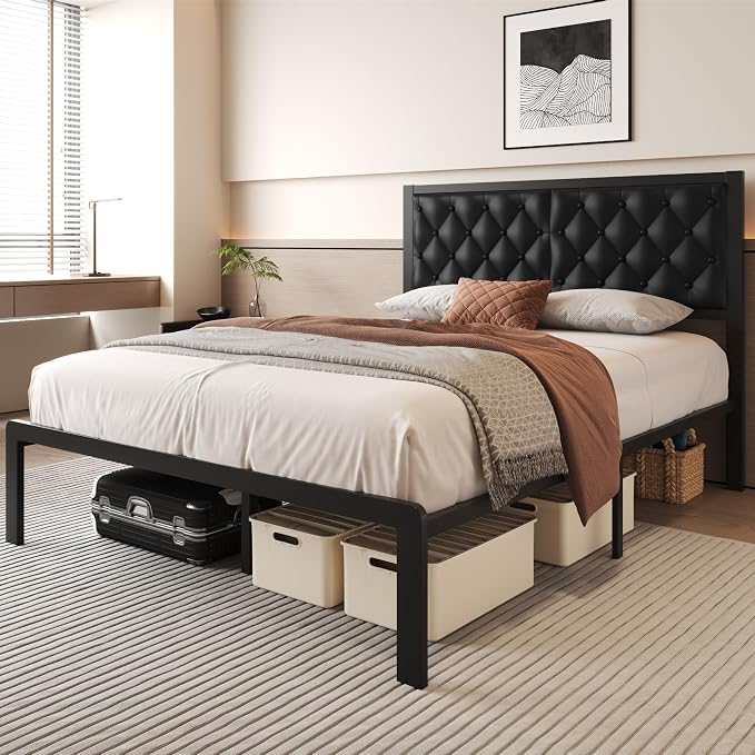 Fluest Queen Bed Frame with Headboard PU Leather Upholstered Bed Frame Platform,All Metal Slats Support Platform Bed Frame with Storage Space,Easy Assembly,Noise Free,No Box Spring Needed,Black
