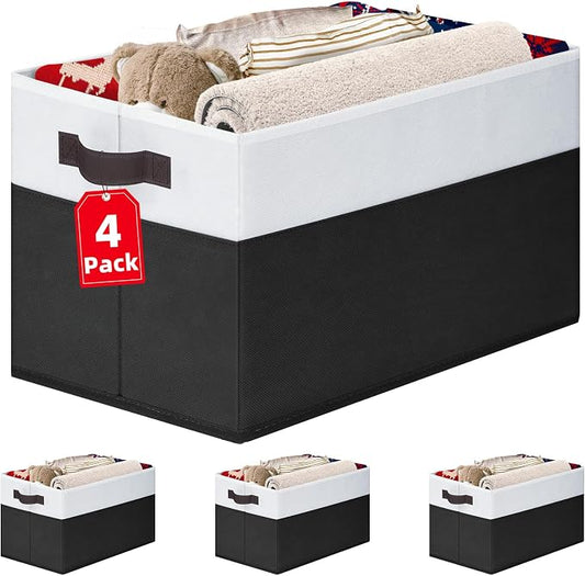 Large Storage Bins for Shelves 4 Pack, Closet Storage Baskets for Clothes Blanket Beddings Towels, Collapsible Fabric Closet Organizer Bins with Handles/ Laundry Room Organization