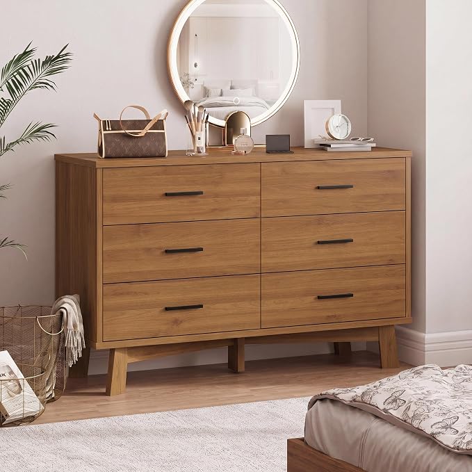 Dresser for Bedroom with 6 Drawer, Modern Chest of Drawers with X-Shaped Sturdy Base, Wide Wood Double Dresser Closet Clothes Storage Organizer, Wooden TV Stand for Living Room, Hallway, Walnut