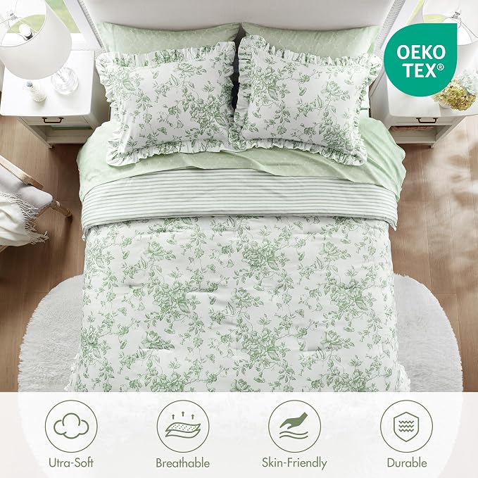 Madison Park Essentials Green Floral Comforter Set with Sheets Full,7pc | Vintage, Ruffle Bed in a Bag, Reversible, Elegant Bedding Set, All Season, Machine Washable, Wrinkle Resistant, Ultra Soft