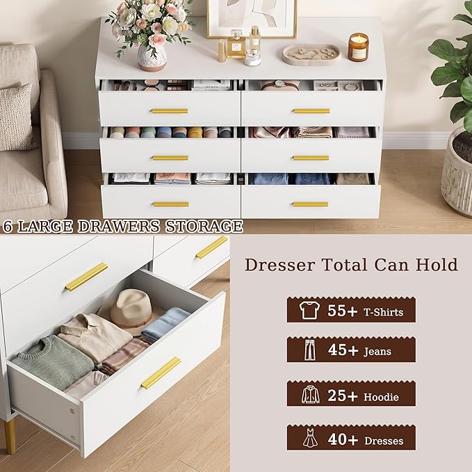 White 6 Drawer Dresser for Bedroom, 47" Wood Dresser with Gold Handles. | Modern Dressers & Chests of Drawers for Living Room, Hallway, Entryway.