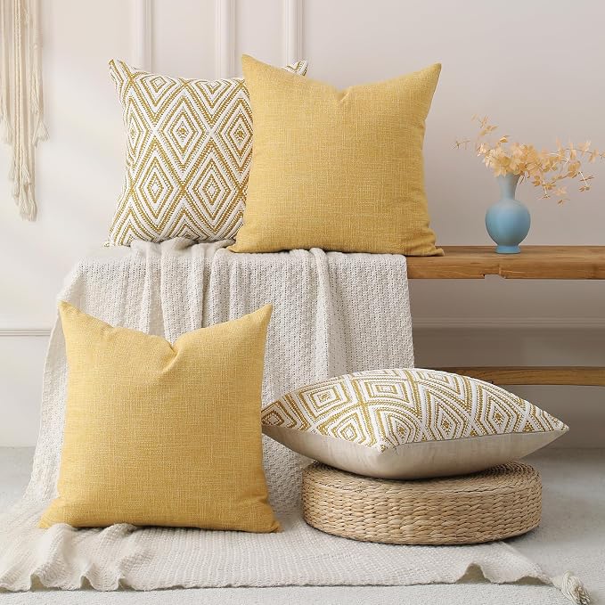 HPUK Throw Pillow Covers 20x20, 4 Pack, Ochre Textured Couch Pillow Covers | Polyester fabric, patterned and solid designs, hidden zippers, machine washable, for sofas and beds, inserts not included
