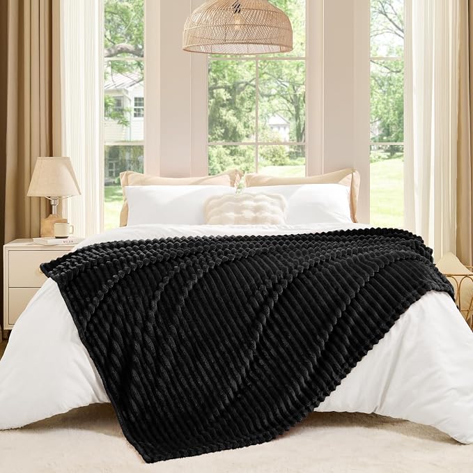 BEDELITE Ribbed Jacquard Black Fleece Throw Blanket for Couch, 50x70 Inch | Soft Warm Decorative Fluffy Blanket, Cozy Plush Lightweight Fuzzy Throw Blanket for Bed Sofa Home Room Decor, Gift for Women
