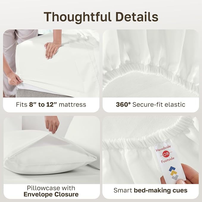 Soft Natural 100% Cotton Sateen Twin Sheets, 3 Pc Set, Ivory (Eggshell) | Backed by Good Housekeeping Seal, Light & Breathable For Hot Sleepers, All-Around Elastic, Durable, Easy Care