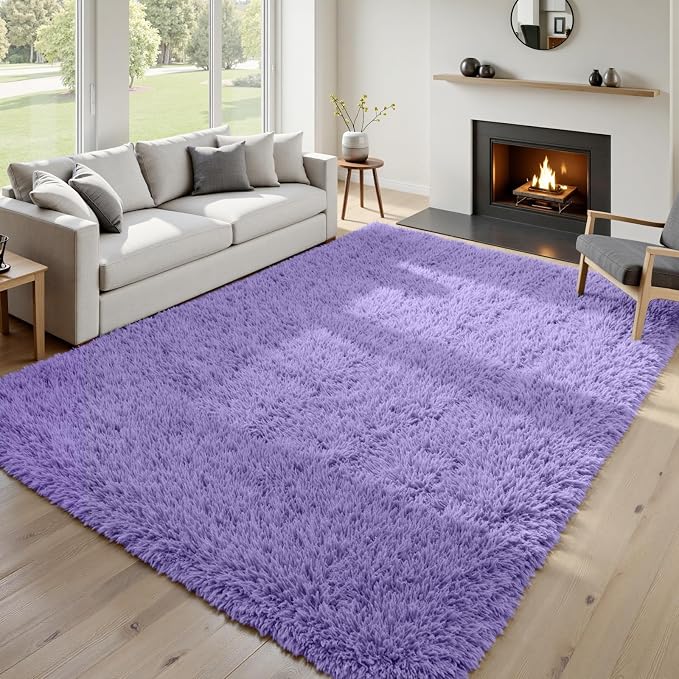 6x9 Fluffy Shag Area Rugs for Living Room Bedroom: Soft Plush Carpet Purple | Upgraded Non-Slip Thick Memory Foam, Ultra Soft, Non-Shedding Fuzzy Carpet, Easy Clean Decor for Kids Room, Nursery, Playroom