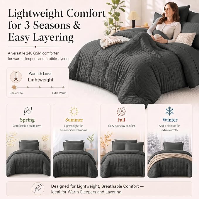California King Comforter Set, Dark Grey Seersucker Bed in a Bag | OEKO-TEX Certified, 7 Pieces Bedding Sets with 240 GSM Down Alternative Comforter, Flat & Fitted Sheets, Pillowcases & Shams