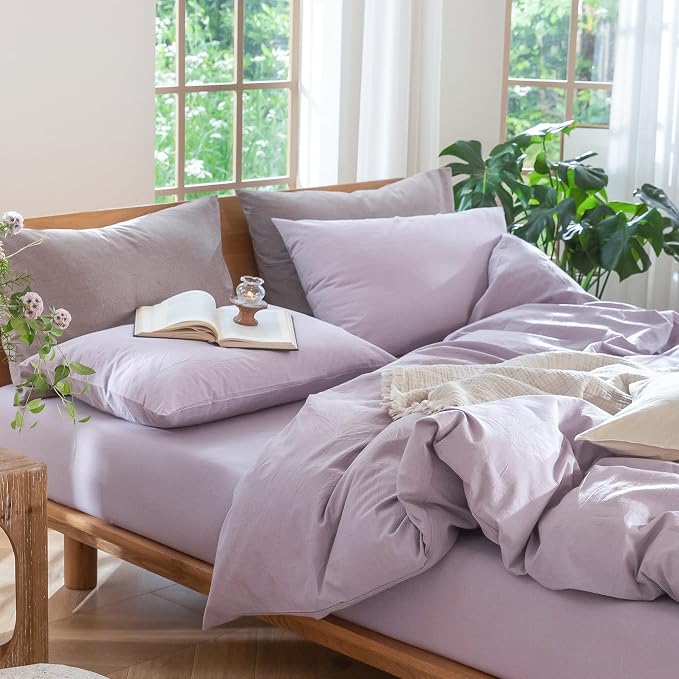 MooMee Duvet Cover Set 100% Washed Cotton Linen Like Queen | Relaxed Linen-like Texture. Soft, Breathable & Long-lasting Comfort. Lightweight. Hidden Zipper with 8 Interior Corner Ties