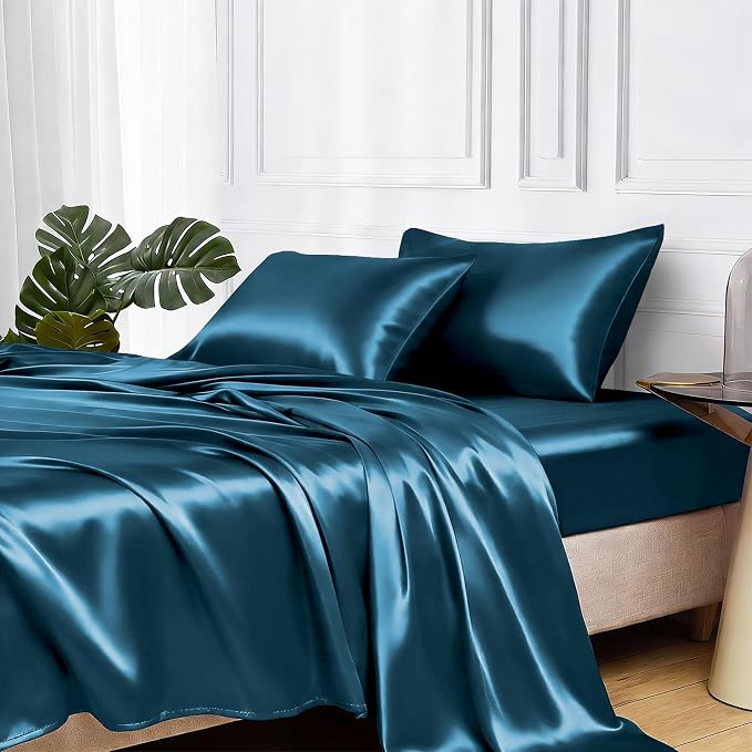 MR&HM Satin Sheets Twin XL Size with Elastic Corner Straps, Teal | Similar to Silk, 3-Piece Silky Soft Bed Sheet Set, Gentle on Skin and Hair, 15" Deep Pocket, Cooling & Breathable