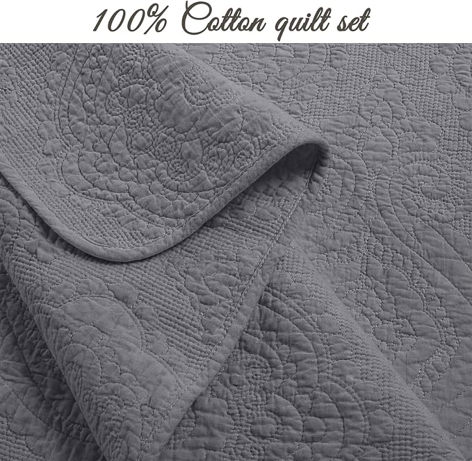 Cozy Line Home Fashions Charcoal Gray Cotton Quilt Set – 3-Piece Solid Textured Quilted Bedspread with Shams, Lightweight All Season Modern Bedding (Medallion - Grey, Queen - 3 piece)