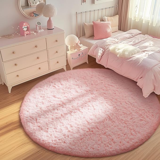 Ophanie Round Rugs 6Ft Pink Circle Area Rug,Fuzzy Bedroom Carpet,Large Shag Plush Floor Kawaii Christmas Living Room Rugs 6 Foot,Cute Room Decor for Kids Teen Girls Baby with Over 99 pcs Pile fibers
