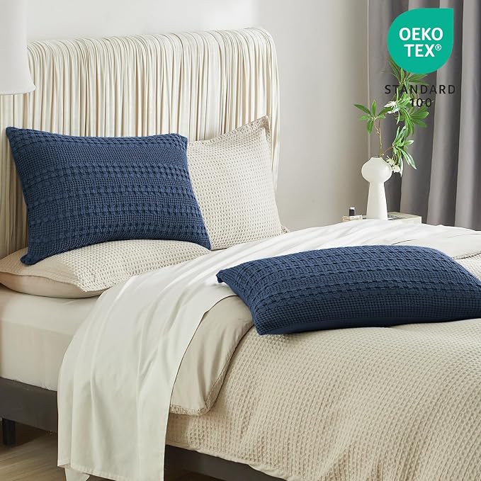 PHF 100% Cotton Waffle Pillow Shams King Size, 2 Pack 20" x 36" Soft Skin-Friendly Pillowcases, No Filling, Aesthetic Woven and Breathable Waffle Weave Pillow Case Covers for Bed, Blue Sapphire