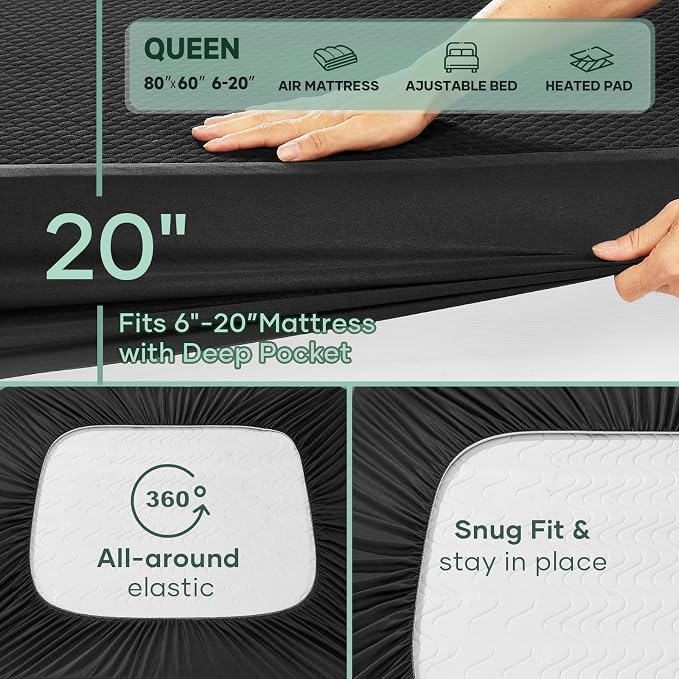 OhGeni 100% Waterproof Mattress Protector,Queen Size Mattress Soft Pad,Pet Hair & Bedwetting Resistant,Cooling Breathable Fitted Sheets,Washable Bed Cover Over 99 pcs Hex Filled Bumps,Black