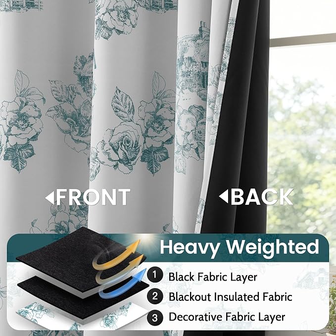 SimpleHome 100% Blackout Curtains for Bedroom Blue Curtains Floral 96 Inch | Curtains for Living Room,Farmhouse Curtains and Drapes,Grommet Printed Patterns Room Darkening Curtains,2 Panels Set,52Wx96L