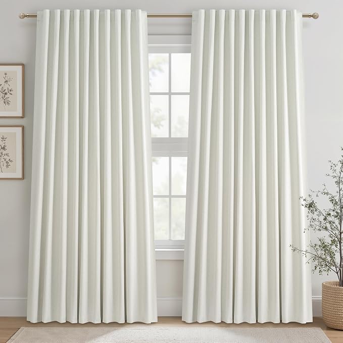 Cute Blackout Curtains 70 Inches Extra Wide Linen 84 Inch Length for Living Room/Sliding Glass Door,Pleated Heavy Duty Thermal Drapes for Winter Thick Large Window(70"Wx84"L 2 Panels Beige White)
