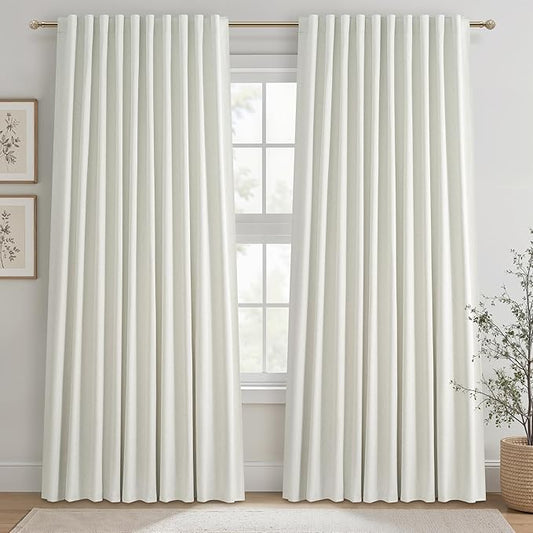 Cute Blackout Curtains 70 Inches Extra Wide Linen 96 Inch Length for Living Room/Sliding Glass Door,Pleated Heavy Duty Thermal Drapes for Winter Thick Large Window(70"Wx96"L 2 Panels Beige White)