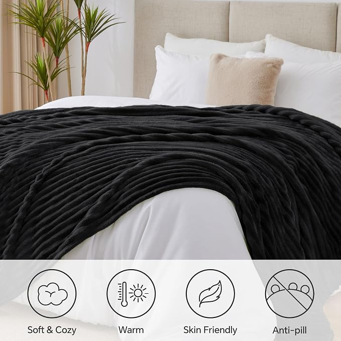 BEDELITE Ribbed King Size Blanket for Bed, Black, 108"x90" | Ultra-Soft Plush Fleece, Warm Yet Lightweight, Ribbed Texture, Home Decor, Machine Washable, Giftable, All-Season Use