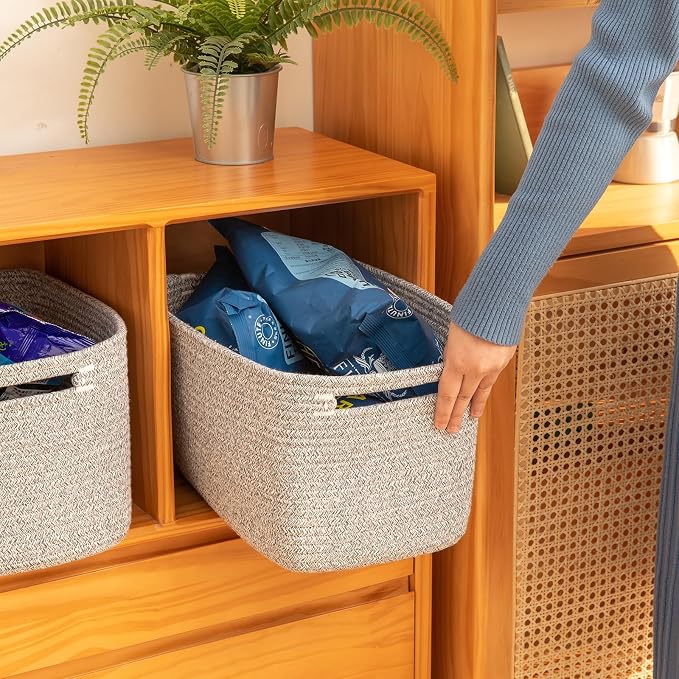 OIAHOMY 4 Pack Storage Baskets for Organizing 15L Cube Storage Bins Grey | Woven Baskets for Storage Rectangle Small Baskets With Handles Baskets for Shelves Wicker Baskets for Shelves 12.7x9x7.8inch