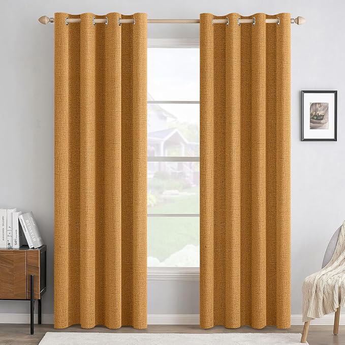 MIULEE 100% Blackout Linen Curtains for Bedroom 52x96 Inches Mustard Yellow | Room Darkening, Light Blocking, Thermal Insulated, Grommet Top, Linen Textured, Window Curtains for Living Room, 2 Panels