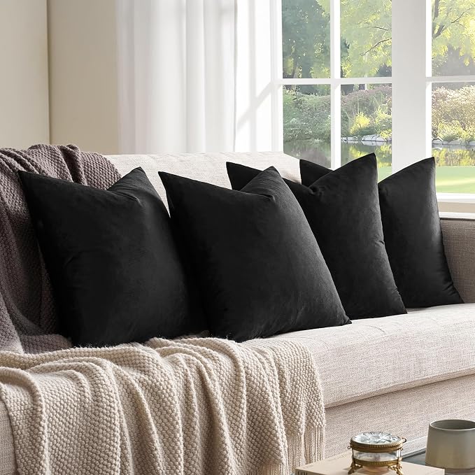 GIGIZAZA Pack of 4 Black Decorative Velvet Pillow Covers 18x18 | Throw Pillows for Couch Sofa,280gsm Soft Textured Fabric,Modern Accent Pillowcases,Luxury Living Room Cushion Covers