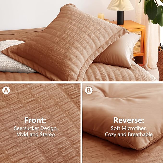 Full Size Comforter Sets, 7 Pieces Pumpkin Seersucker Bed in a Bag | OEKO-TEX Certified, All Season Bedding Set with 240 GSM Down Alternative Comforter, Flat & Fitted Sheets, Pillowcases & Shams