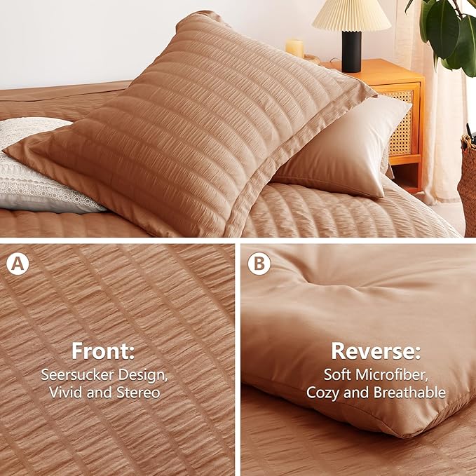 Queen Comforter Set, 7 Pieces Pumpkin Seersucker Bed in a Bag | OEKO-TEX Certified, All Season Bedding Set with 240 GSM Down Alternative Comforter, Flat & Fitted Sheets, Pillowcases & Shams