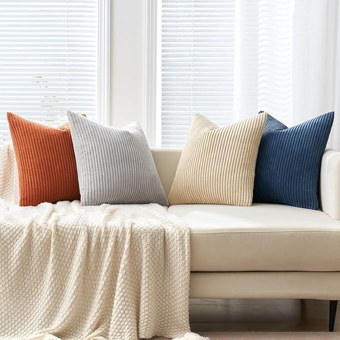 MIULEE Soft Corduroy Decorative Throw Pillow Covers Blue-Yellow 20x20 | Set of 4, Mordern Nordic Coastal Decor, Ocean Ember Set, Boho Farmhouse Cushion Covers for Couch Bed Sofa Living Room
