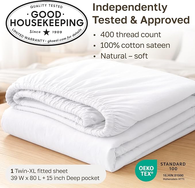 California Design Den Soft 100% Cotton Sateen Twin XL Fitted Sheet, Grey | 400 Thread Count Backed by Good Housekeeping Seal, All-Around Elastic, No-Pop Fit, Durable, OEKO-TEX