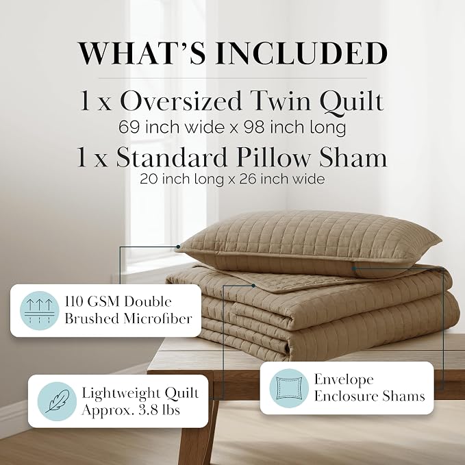Southshore Fine Living, Inc. Twin Quilt Bedding Set, Soft Brushed Microfiber Taupe Quilts, Twin/XL Coverlet Bedspread, Wrinkle & Pet Hair Resistant Bedding with 1 Pillow Sham, Taupe