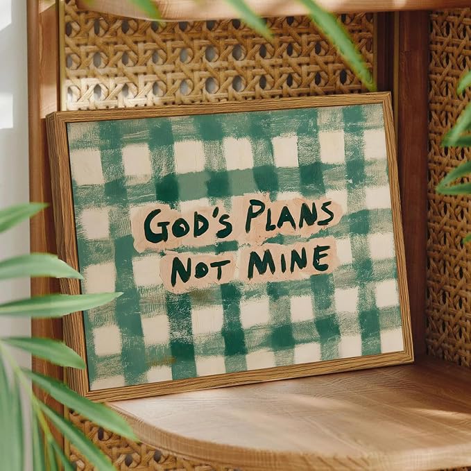 Framed God's Plans Not Mine Canvas Wall Art, Inspirational Faith Quote Pictures Wall Decor, Green Gingham Paintings Prints Christian Home Decor for Living Room Bedroom Dorm Office 12x16 inch
