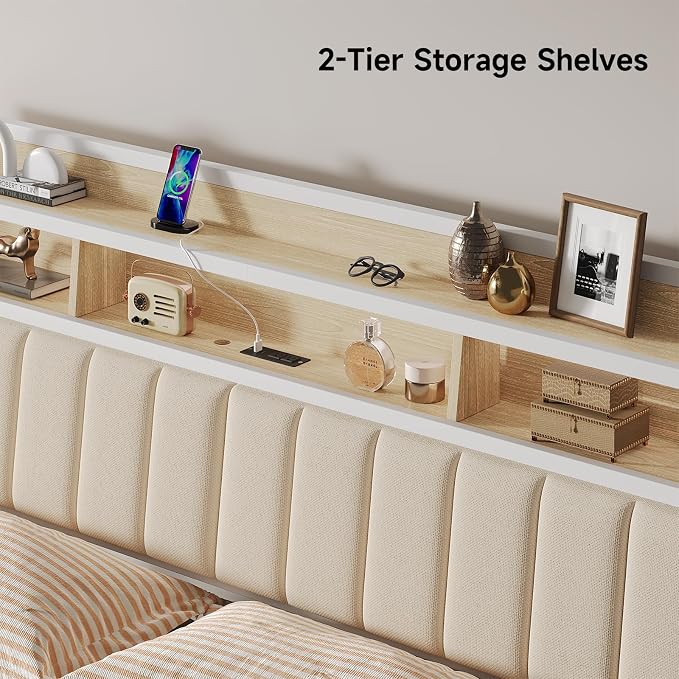 ComfyCorner King Size Headboard with Storage & LED Light, Off White | Upholstered Ergonomic Head Board with Power Outlets & 2-Tier Storage, King Headboard Only, Bed Frame Mounting, Heavy Duty