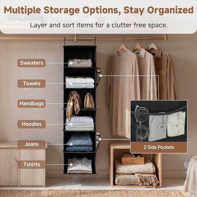 StorageWorks Hanging Closet Organizer, 6-Shelf with 2-in-1 Design, Ivory | Maximize Closet Space with Reinforced Shelves, Small Closet Storage Solution for Bedrooms, Dorms and RVs