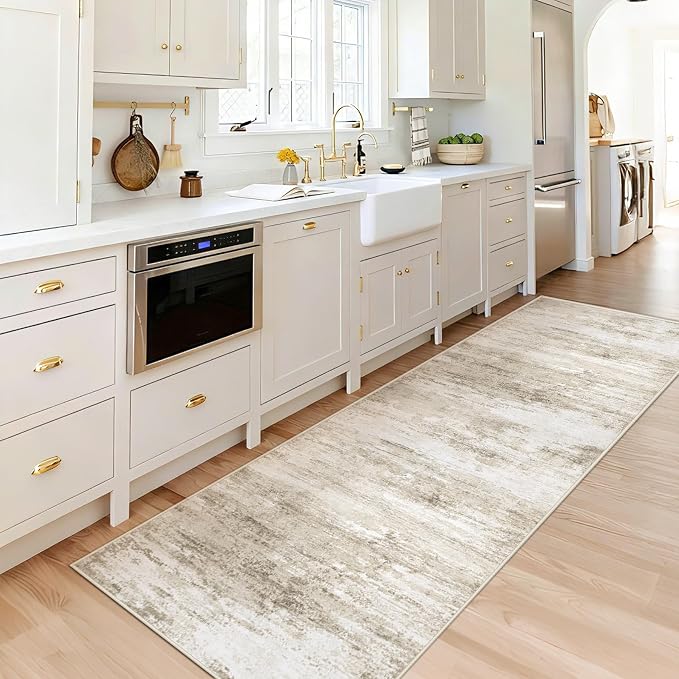Washable 2x6 Runner Rug for Hallway: Kitchen Runner Non Slip Neutral Soft Abstract Modern Low Pile Stain Resistant Carpet Runner for Bedroom Beside Entryway Bathroom Laundry Indoor (Beige, 2'x6')