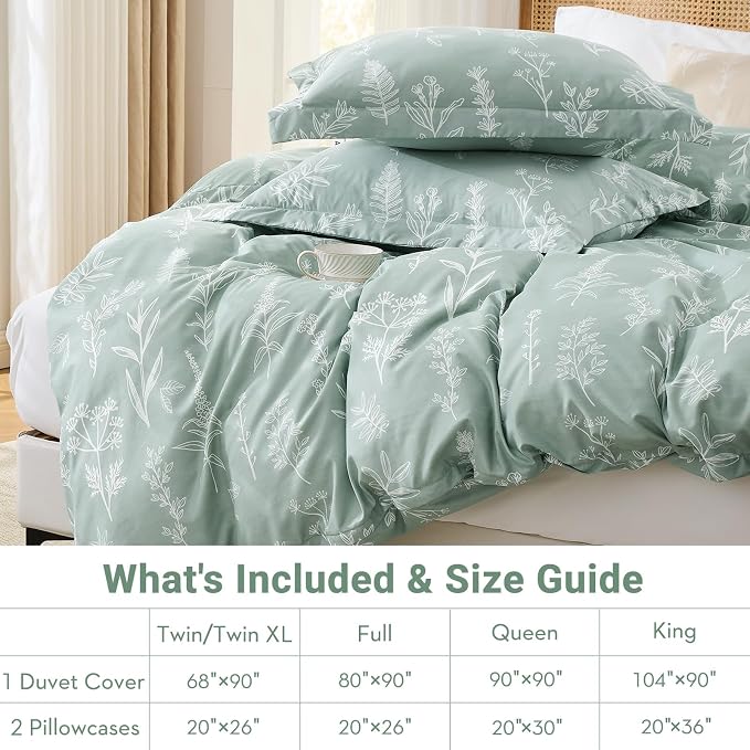 MUXHOMO Duvet Cover Full Size, Reversible Floral Green Duvet Cover Set with Zipper Closure, 3 Pieces Botanical Patterns Soft Microfiber Bedding Set with 4 Ties (80"x90", 2 Pillow Cases)