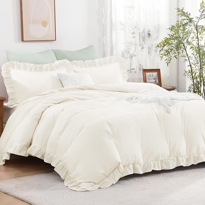 Andency Ivory Ruffle Duvet Cover King, Shabby Chic Farmhouse Bedding Set | 3 Pieces Soft Washed Polyester Vintage Ruffled Comforter Cover Set with Zipper Closure & Corner Ties, 104x90Inch
