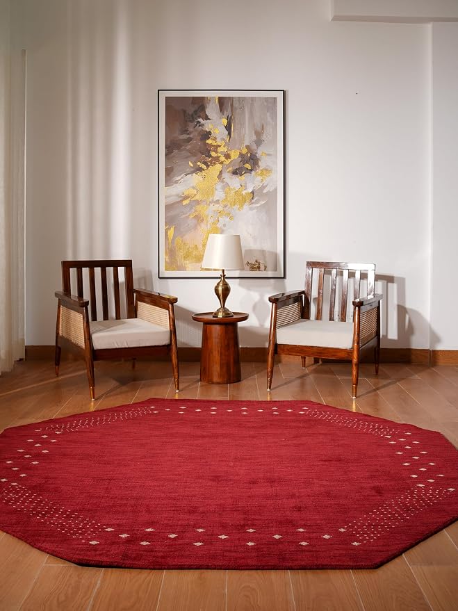 Rugsotic Carpets Hand Knotted Loom Wool ECO-Friendly Area Rugs - 6'x6', Octagon Shape, Red Color, Contemporary Modern, High Pile Thick Handmade Anti Skid Area Rugs for Living Room, Bed Room (L00530)