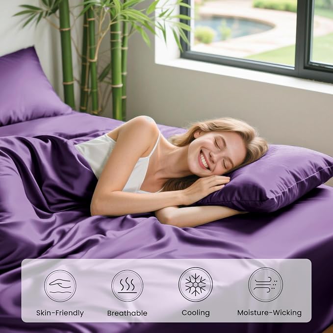 Love's cabin 4 Piece Full Size Sheet Set, 100% Rayon Derived from Bamboo, Cooling & Breathable, Soft Silky Deep Pocket up to 16", Hotel Luxury Bedding for Hot Sleepers, Purple