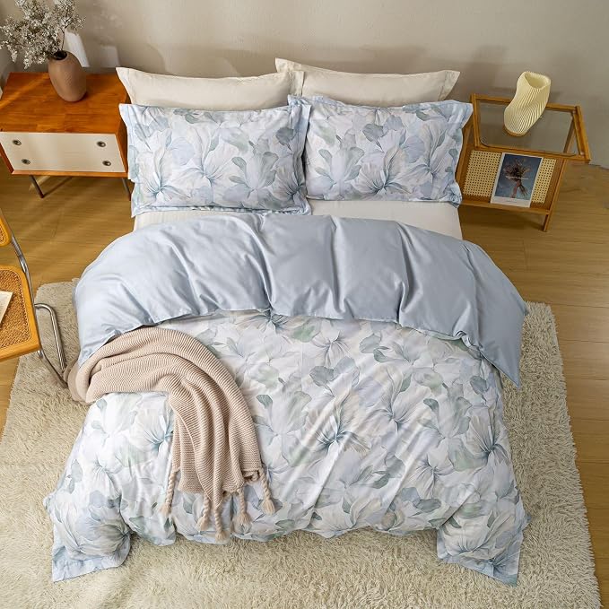 OAITE King Floral Pattern Duvet Cover Set Unique Design 3pcs 100% Cotton | Exquisite Stitched Hem, Breathable,Soft,Dual Zipper,8 Corner Ties,Easy Care for All Season