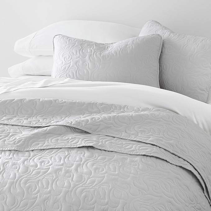 Merit Linens Modern Quilt Coverlet Soft Set in Floral Stitching - Twin/TwinXL Light Gray